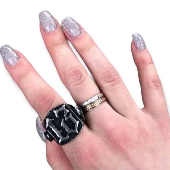 Stainless Steel Black Matte 13 Engraves Skulls Each Side Statement Signet Rings - Picture 2 of 4